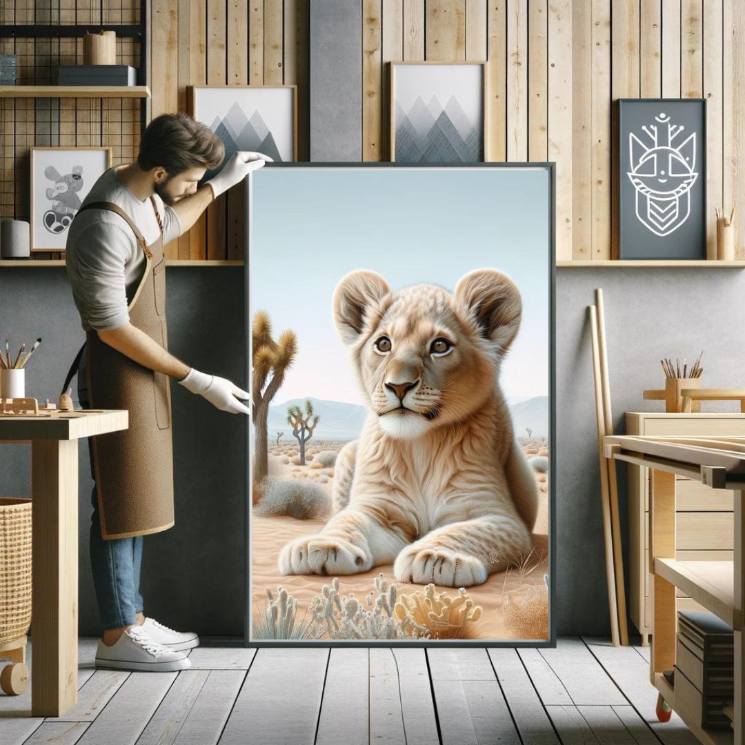 Un homme accrochant une affiche de lionceau dans un atelier élégant, idéal pour la décoration de chambre d'enfant ou de bébé.