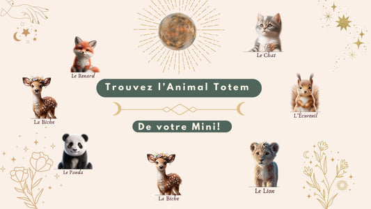 Illustration d'animaux totems pour la décoration de chambre enfant, incluant renard, chat, écureuil, panda, biche, lion.