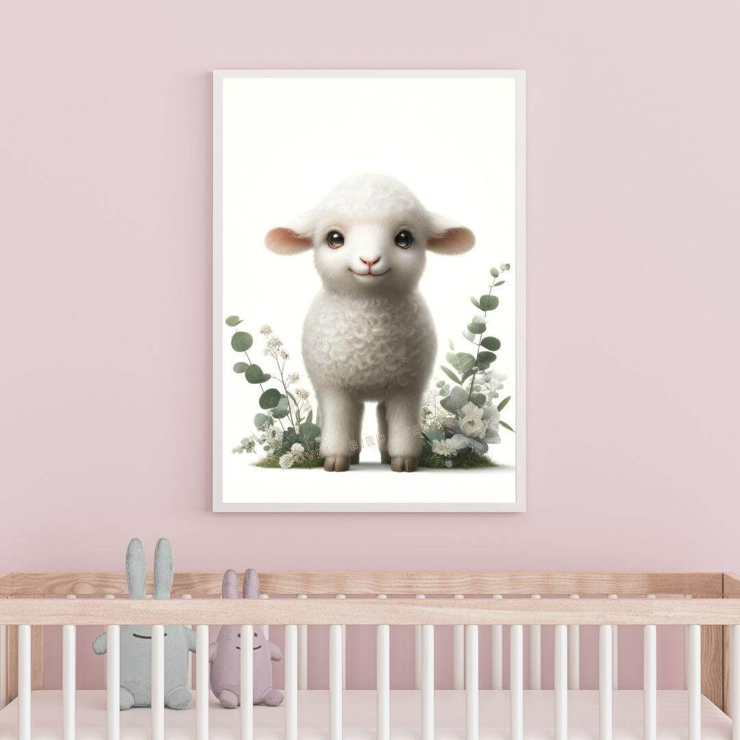 Nursery room with cute lamb artwork above crib and plush toys