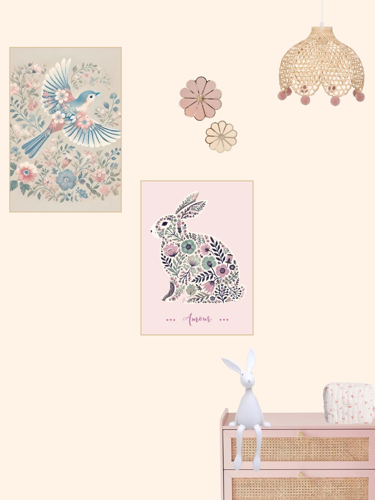 Nursery wall decor with floral bird and bunny prints, wicker lampshade, and toy bunny on a shelf.