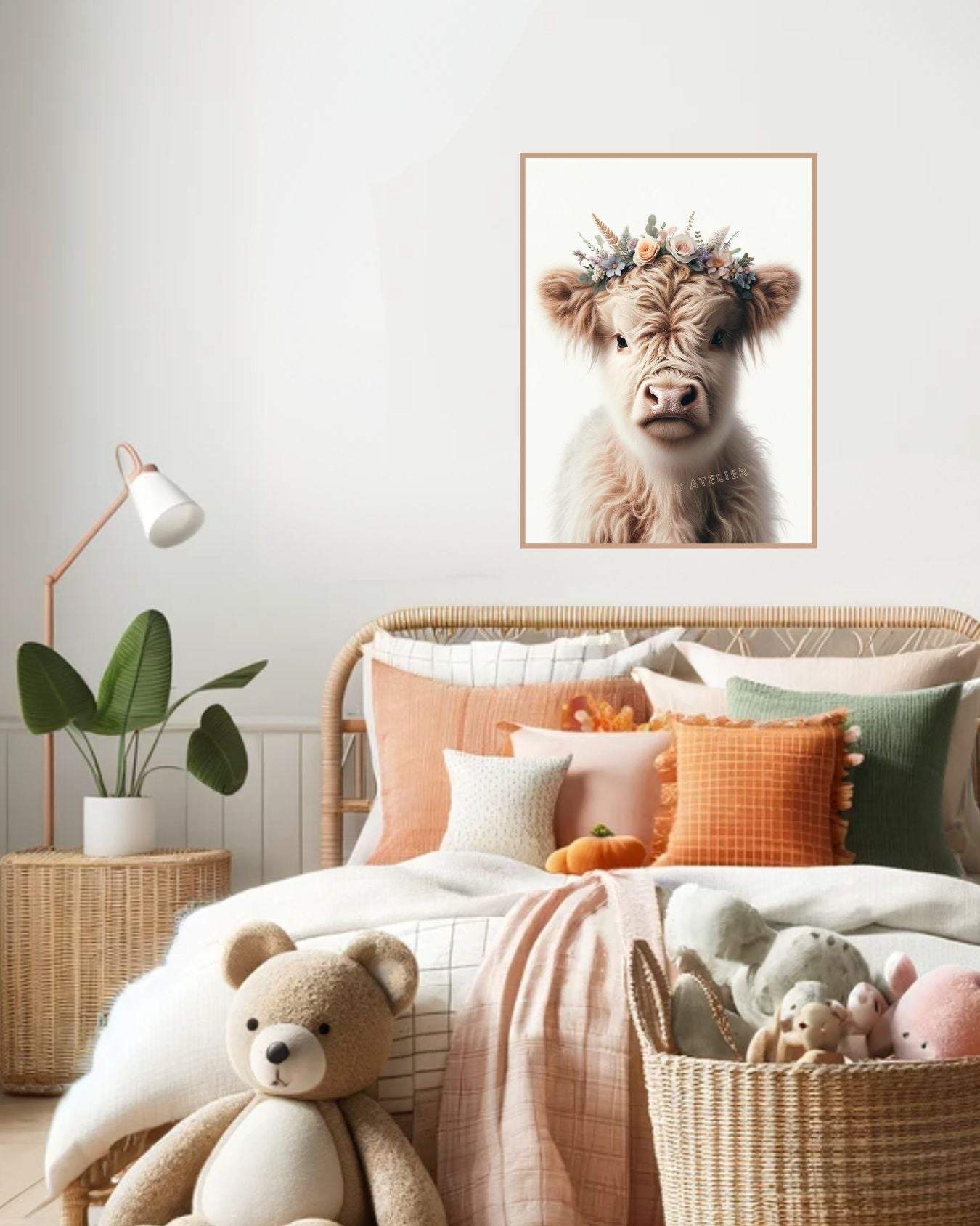 Chambre d'enfant décorée avec une affiche de vache avec une couronne de fleurs et des peluches sur le lit.