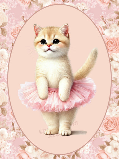 Affiche Chaton Danseuse & Fleurs