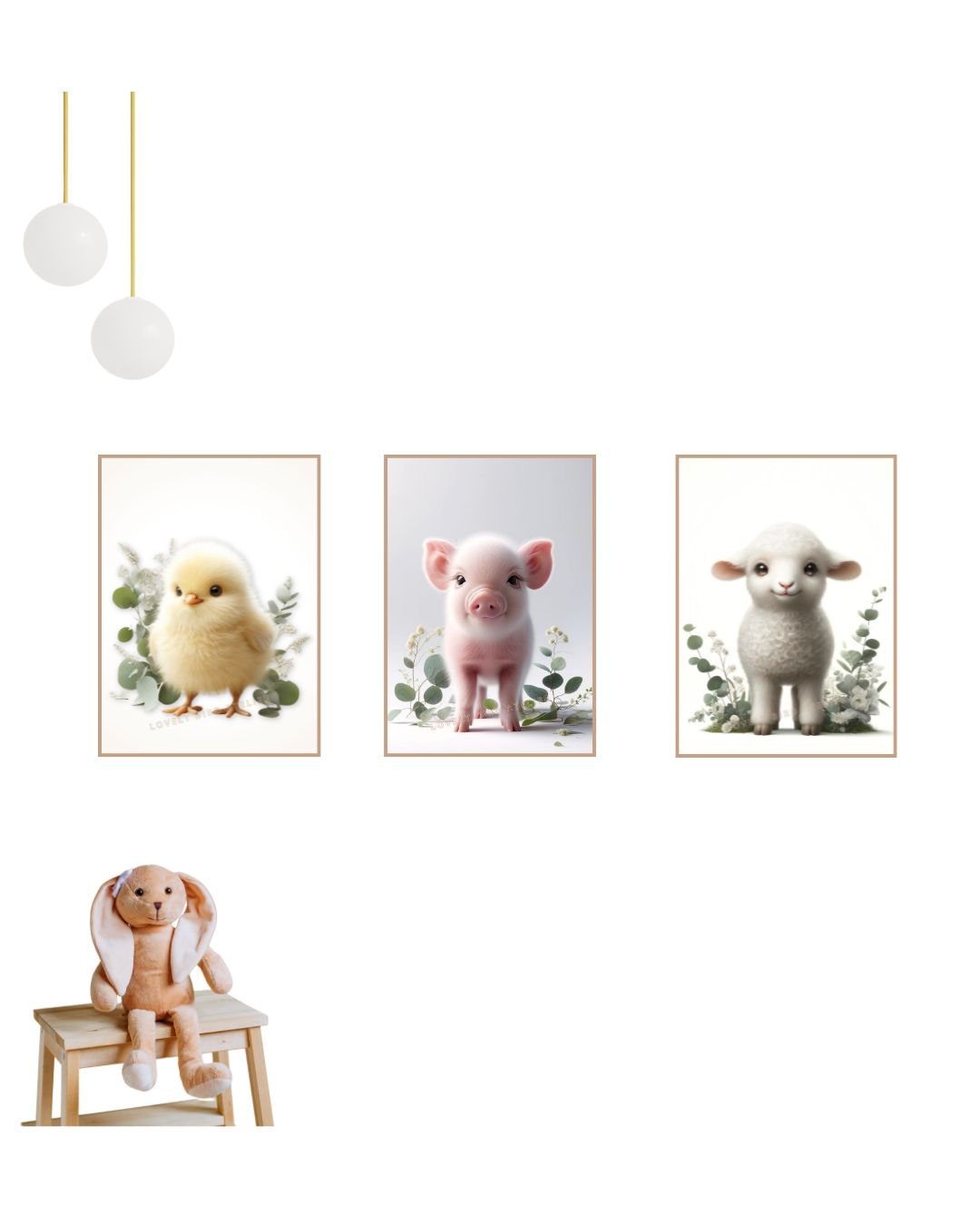 Affiches murales d'animaux mignons et peluche sur banc en bois sous suspension lumineuse moderne.