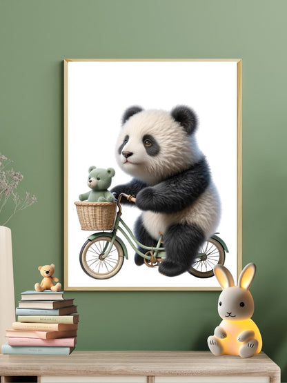 Affiche murale de panda sur vélo avec ours en peluche, décor chambre d'enfant avec peluche lapin et pile de livres décoratifs.