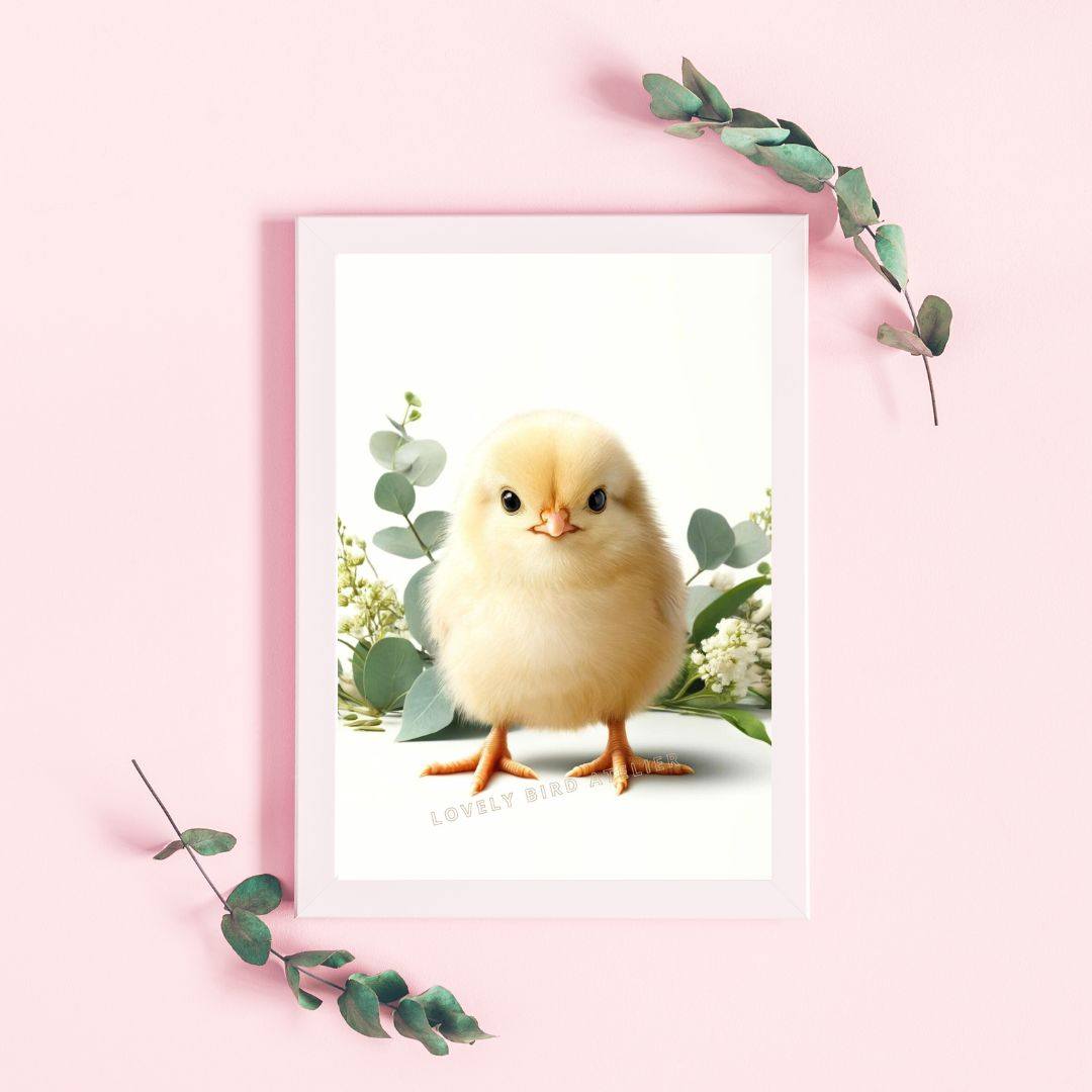 Affiche mignonne de poussin sur fond rose avec des feuilles de verdure, parfait pour décoration murale.