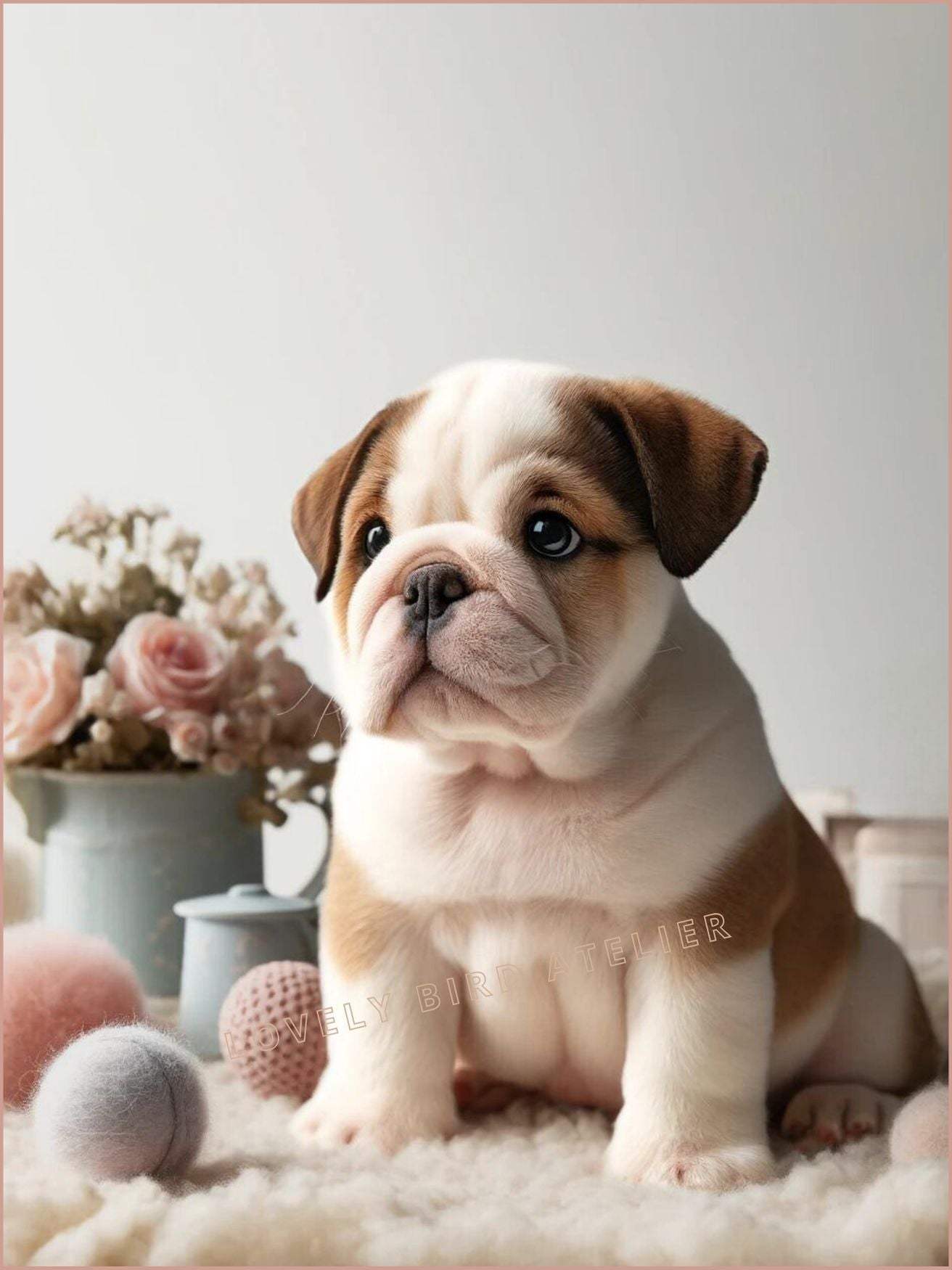 Affiche Bébé Bouledogue & Fleurs