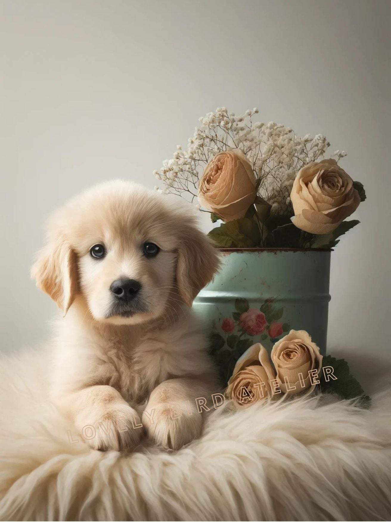 Affiche Chiot Mignon & Fleurs Séchées