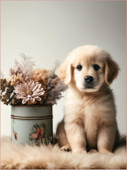 Affiche Chiot & Fleurs