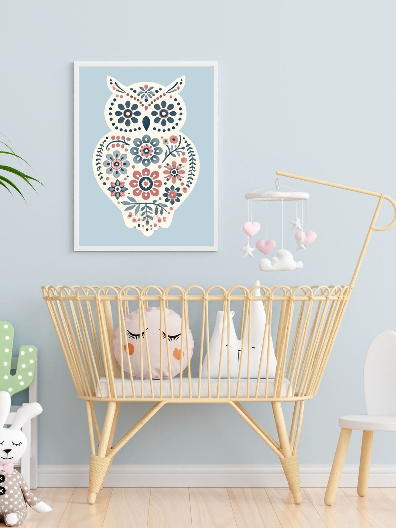 Affiche Hibou & Motifs Bleus