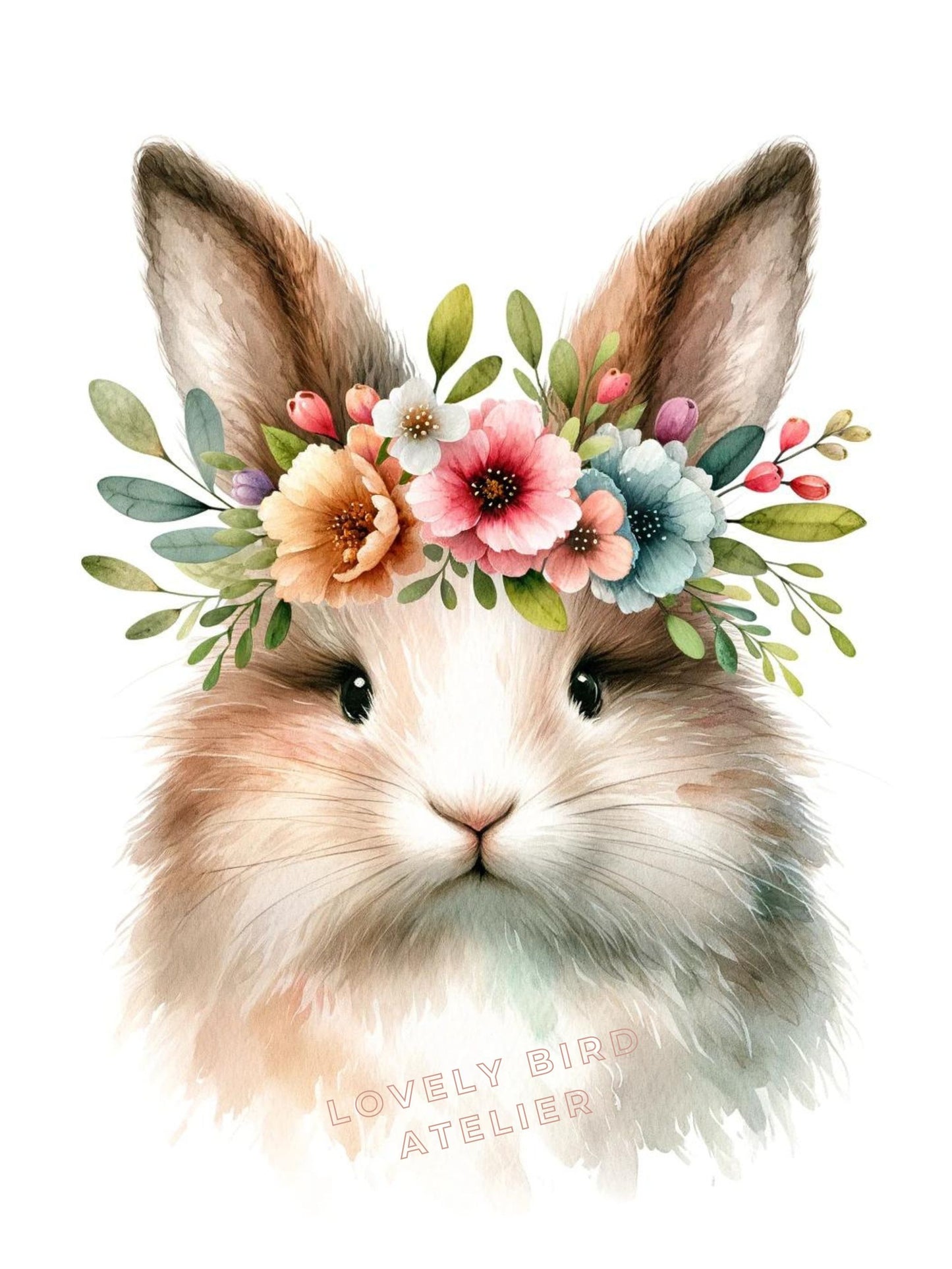 Affiche Lapin  Aquarelle & Fleurs