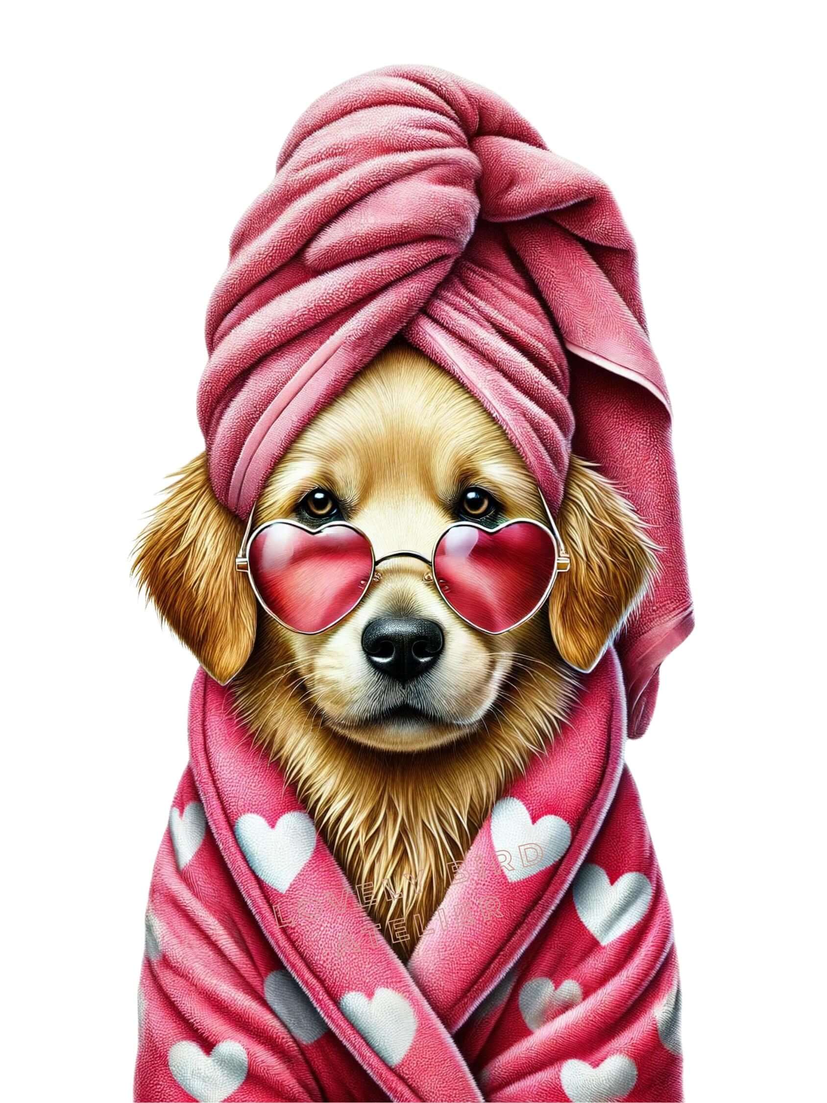 Chien Golden en peignoir rose avec lunettes de soleil. Affiche enfant bébé amusante et relaxante pour chambre d'enfant.