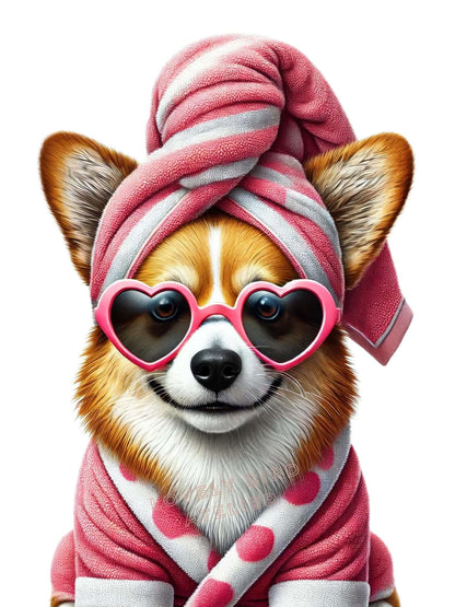 Chien Corgi avec lunettes en cœur et peignoir rose, affiche enfant bébé, décoration amusante et colorée pour chambre.