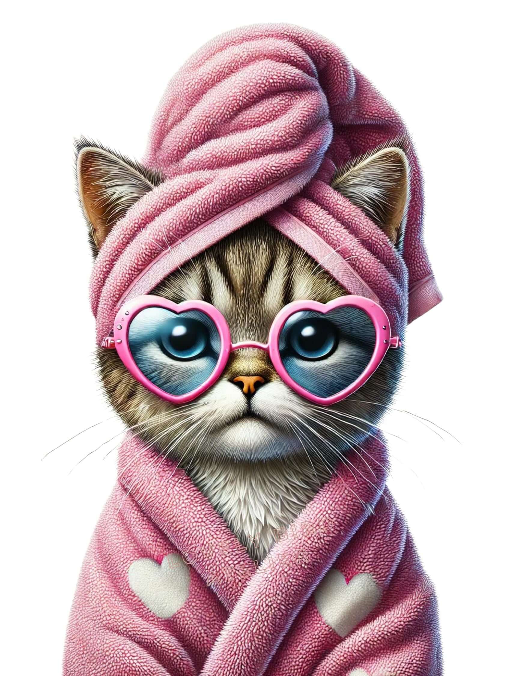 Chaton avec lunettes cœur, en peignoir rose, idéal pour affiche enfant bébé, symbolisant sérénité et curiosité.