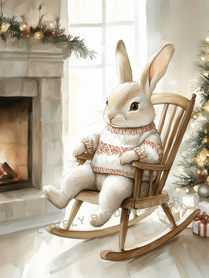 Affiche Lapin sur Rocking Chair - Noël