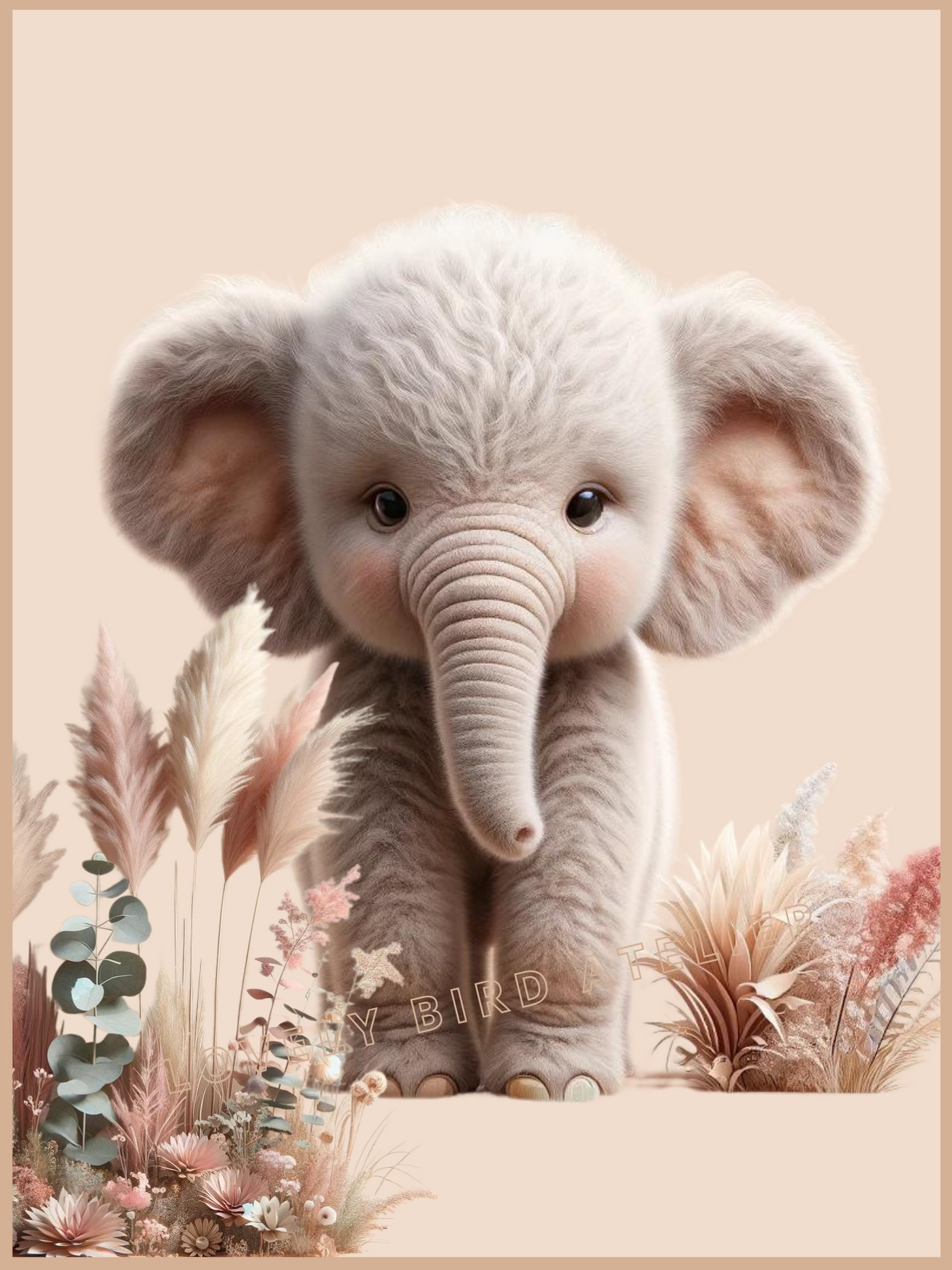 Affiche Éléphant  Fleurs Roses