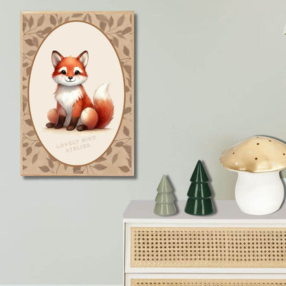 Affiche renard pour décoration chambre enfant, illustration mignonne avec feuilles, idéale pour inspirer curiosité et aventure.