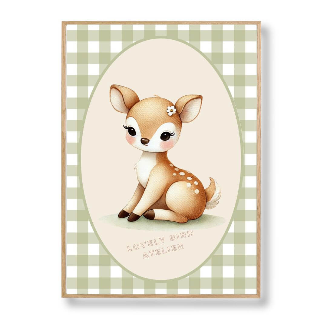 Children's Biche & Vichy poster featuring a gentle fawn on a checkered background, ideal for adding serenity to a child's room.