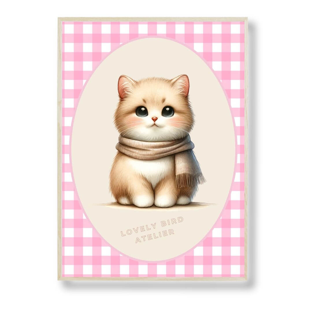 Affiche enfant bébé avec chaton sur fond vichy rose, idéale pour décoration chambre enfant.