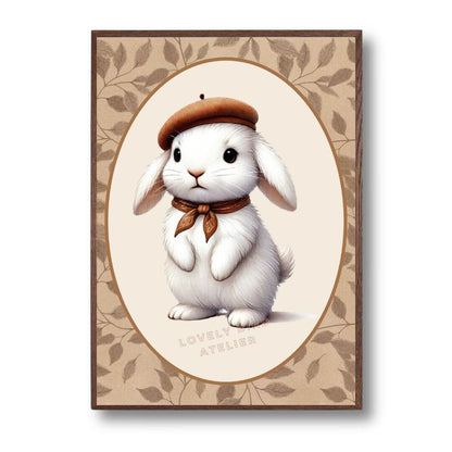 Affiche enfant bébé avec illustration de lapin en béret marron et foulard, décorative et apaisante, idéale pour chambre d'enfant.