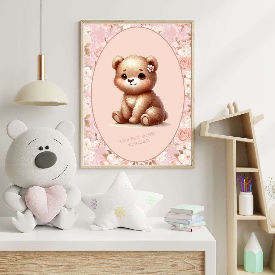 Affiche  Bébé Ours & Motif Fleurs