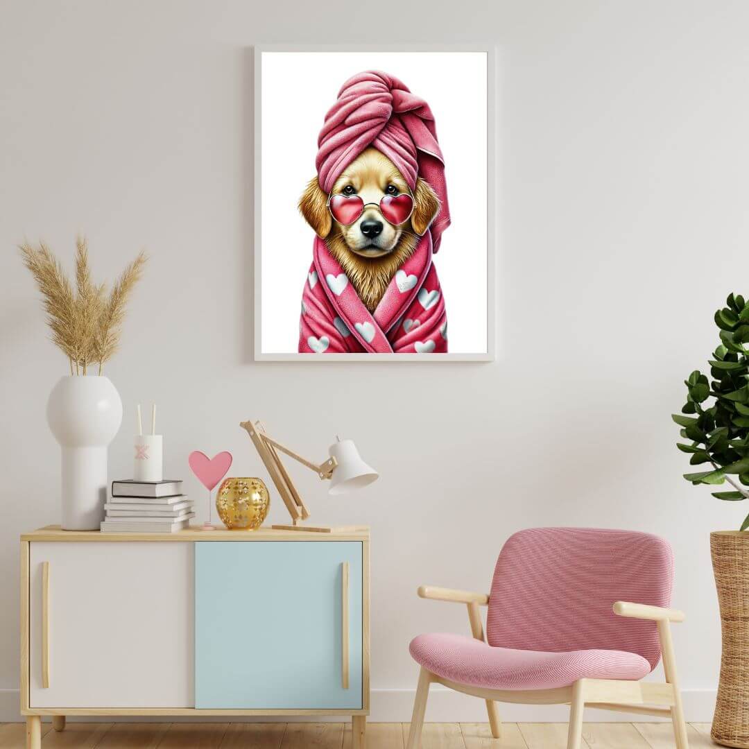 Affiche enfant bébé avec un chien en peignoir rose, décorative pour chambre d'enfant, ajoutant une touche ludique et charmante.