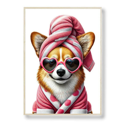 Illustration Corgi en peignoir rose et lunettes cœur, affiche pour décoration chambre enfant ou bébé.