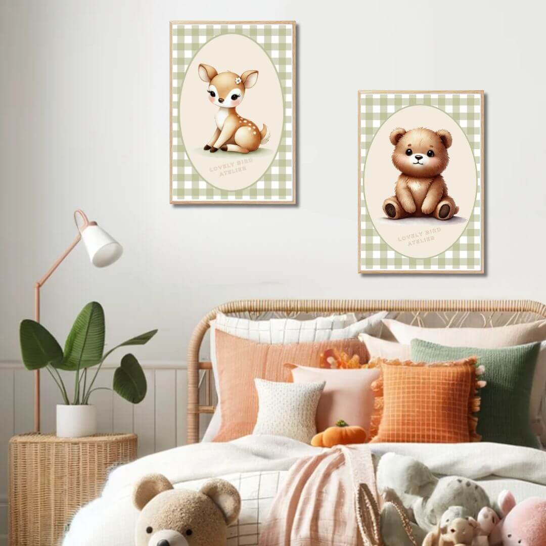 Enchanted children's room with Affiche Biche & Vichy posters and cozy pillows, creating a serene and nurturing ambiance.