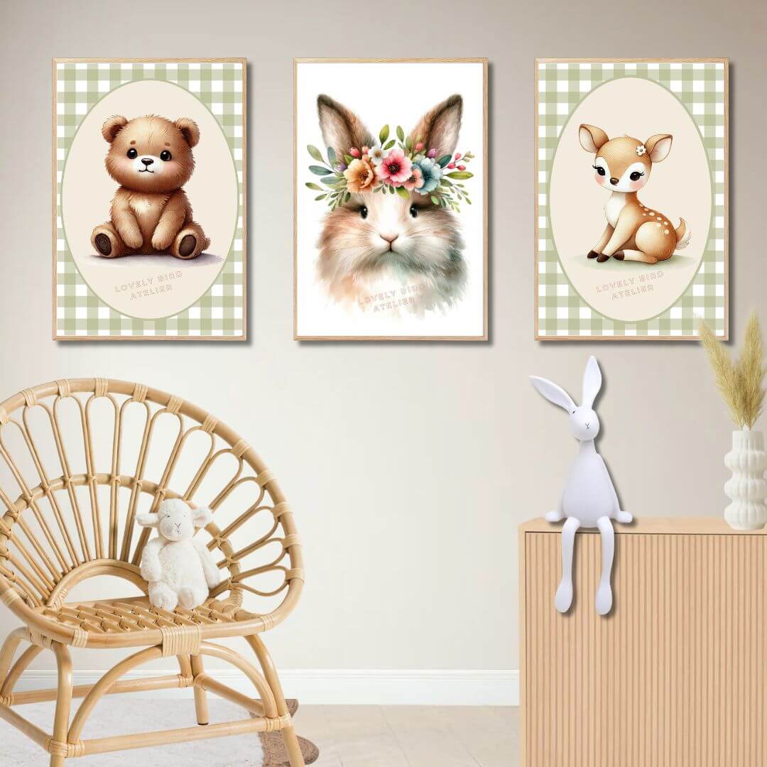 Children's room featuring charming animal posters of a bear, rabbit, and deer, perfect for creating a serene and inspiring environment.