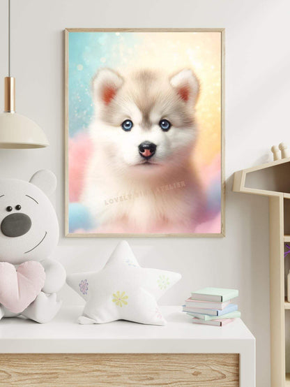 Affiche Bébé Husky Rainbow